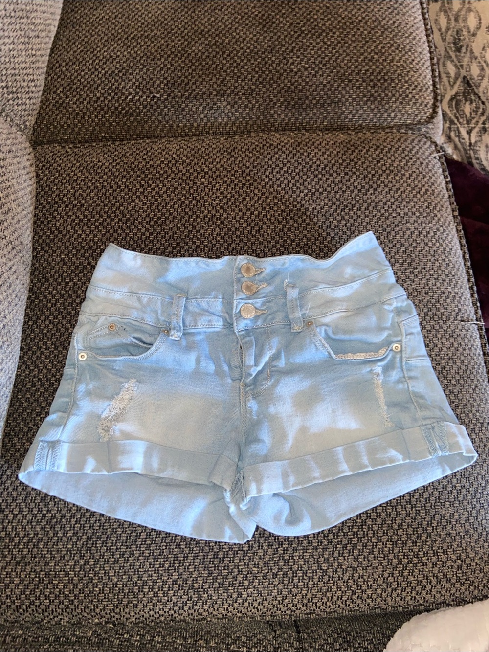 Triple-Button Light Blue Denim Jean Shorts